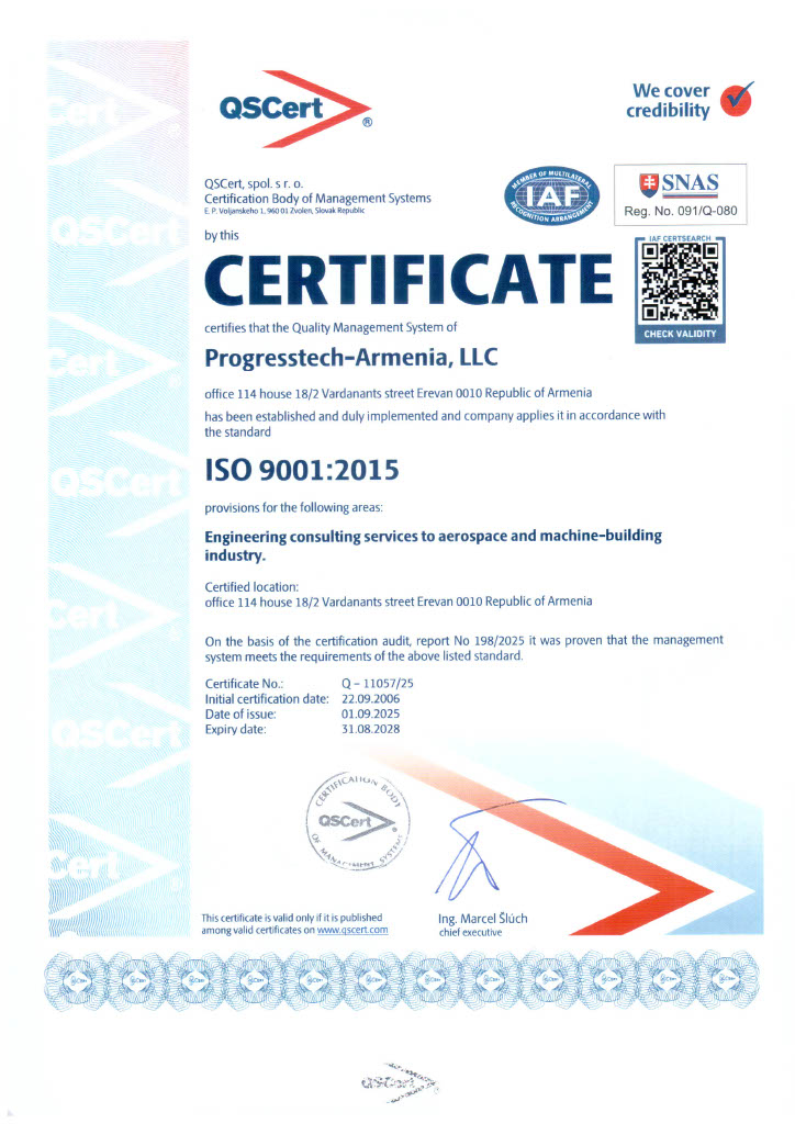 ООО “ПРОГРЕССТЕХ-АРМЕНИЯ” ПОЛУЧИЛА СЕРТИФИКАТ ISO 9001:2015